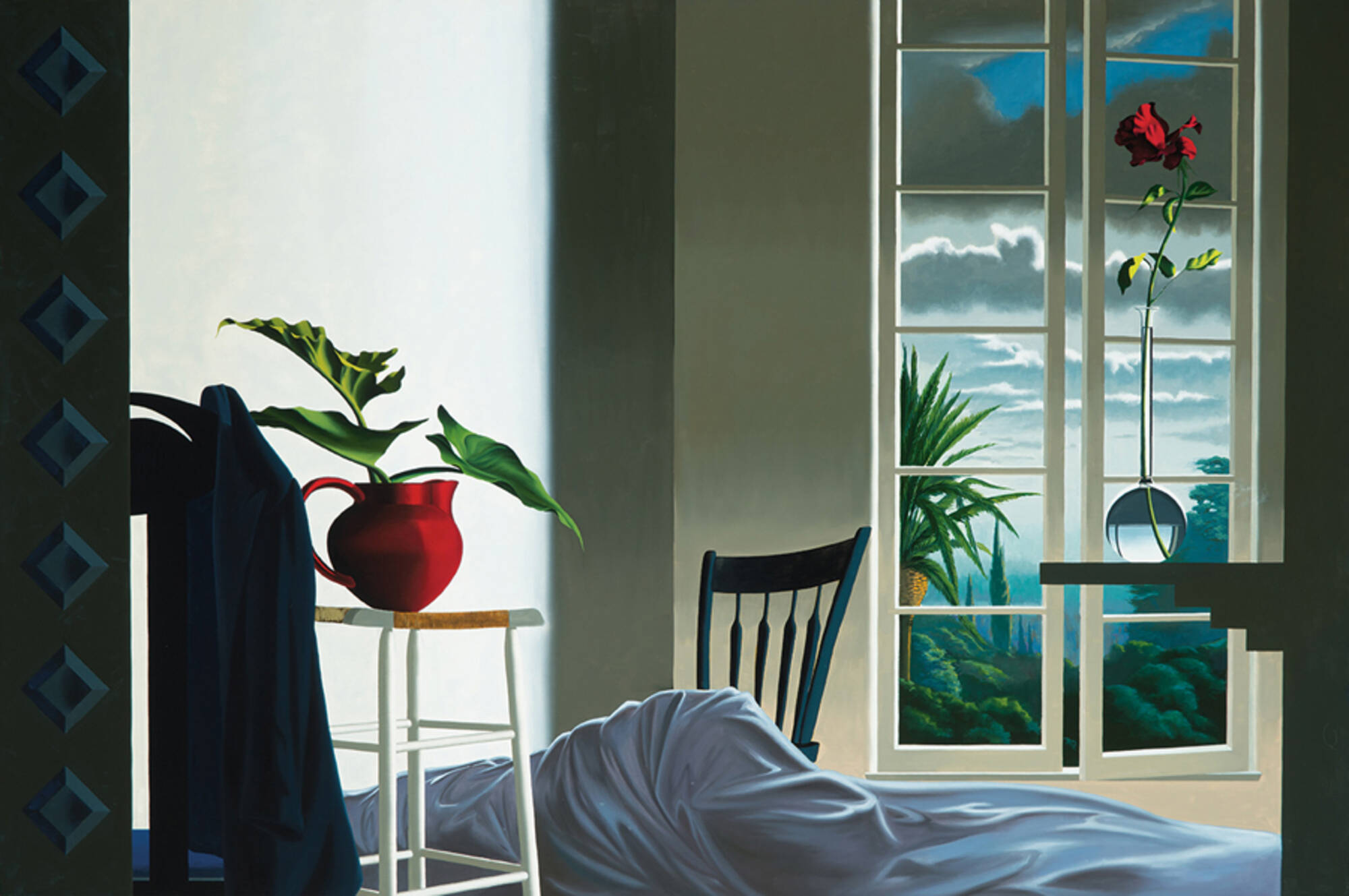 Untitled (Interior with Red Pitcher, Coat, Landscape, and Red Rose)