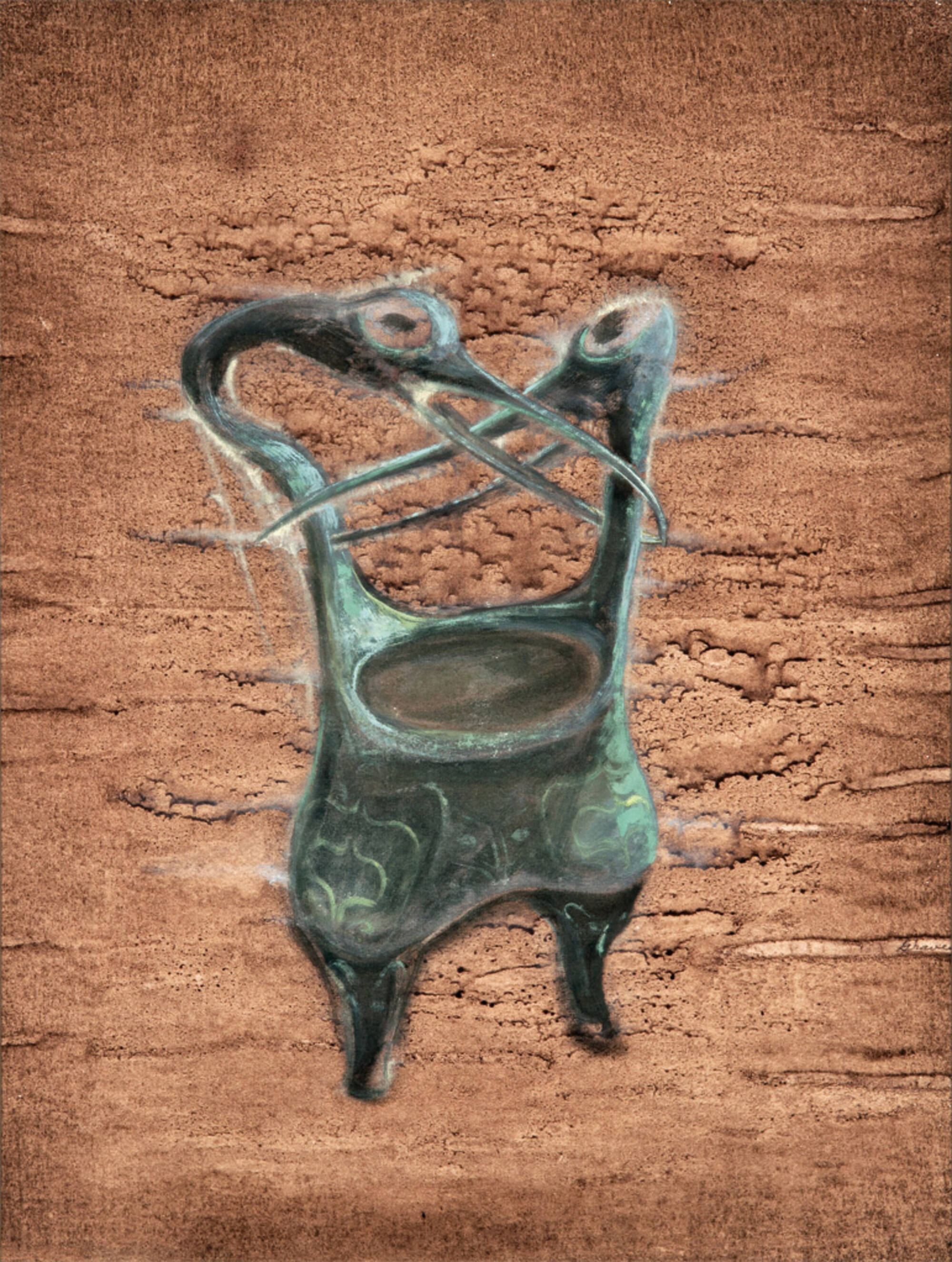 Conflict Battling Crane Heads with Chinese Ceremonial Bronze