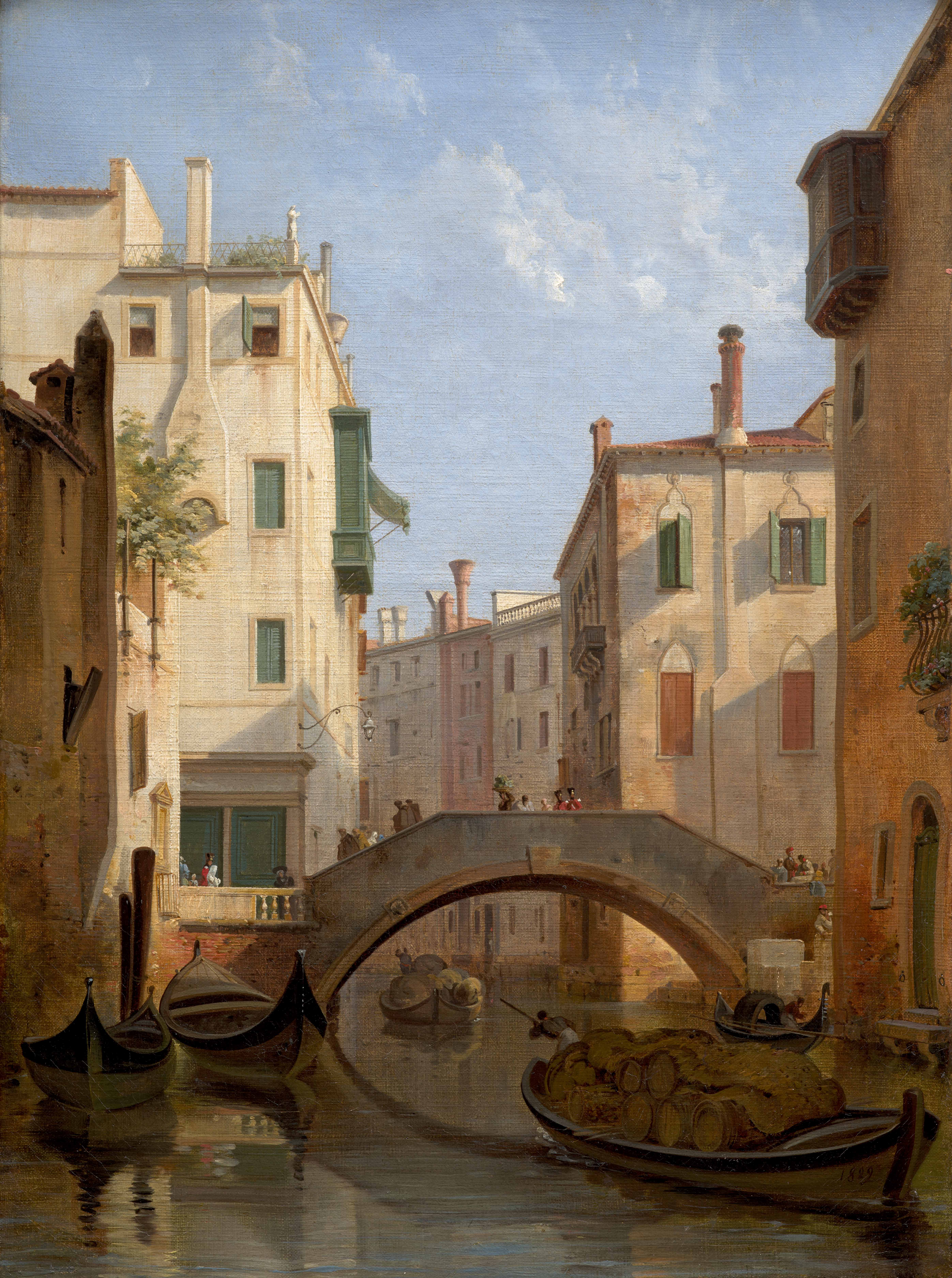 Vue d’un canal à Venise – Barque chargée de tonneaux s’apprêtant à passer sous le pont d’un petit canal