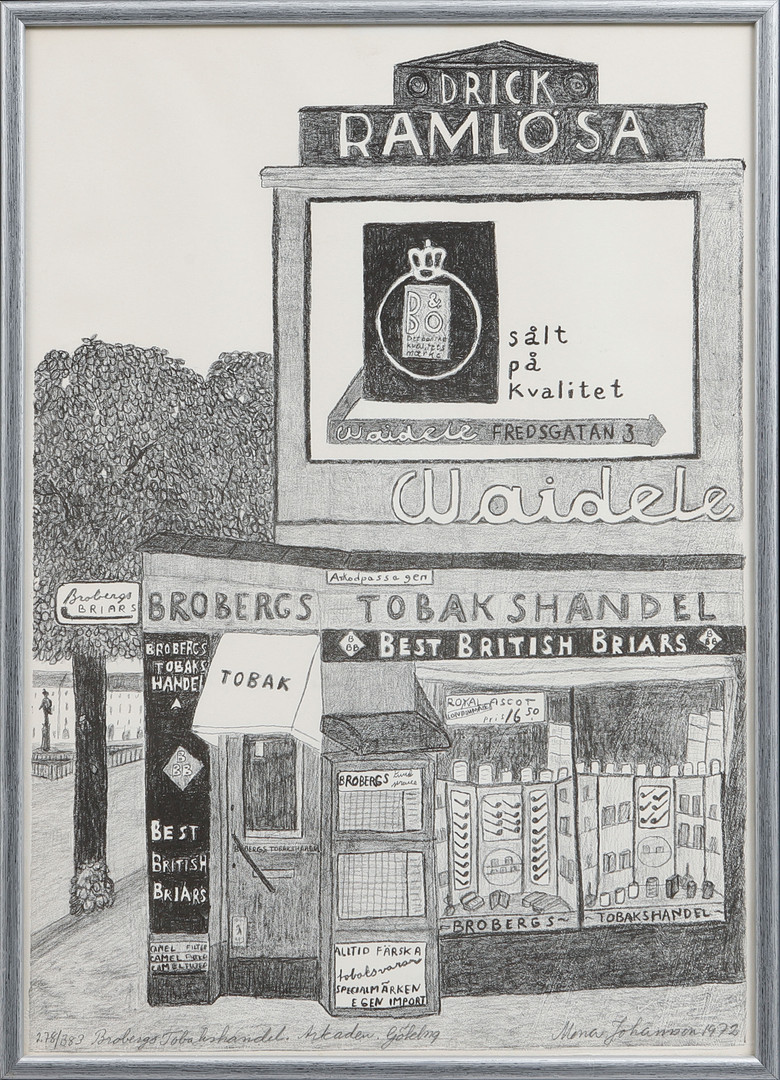 "Brobergs tobakshandel. Arkaden Göteborg", litografi, signerad , numrerad 278/383 och daterad 1972.