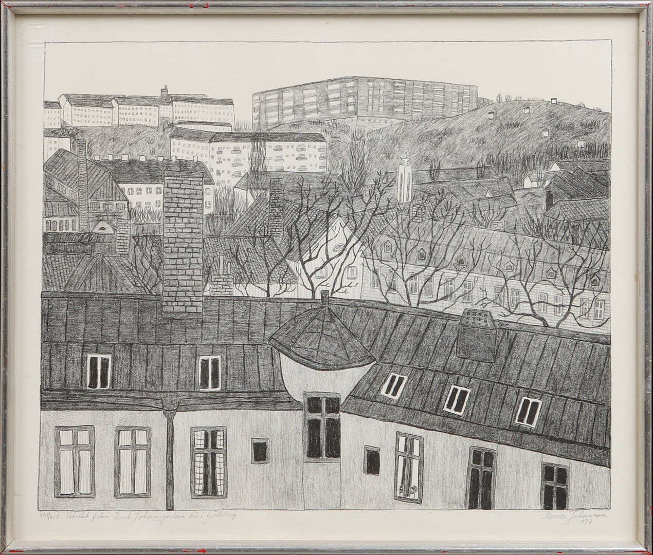 "Utsikt från Karl Johansgatan 62 i Göteborg", litografi, signerad, numrerad 401/415 och daterad 1977.
