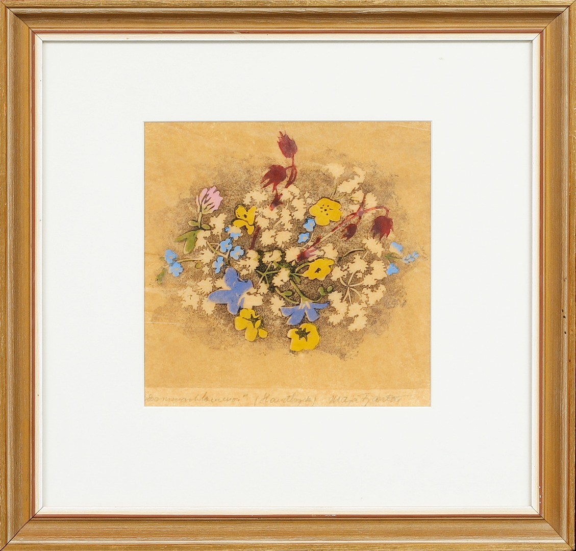 "Sommarblommor", träsnitt, handtryck, signerad.
