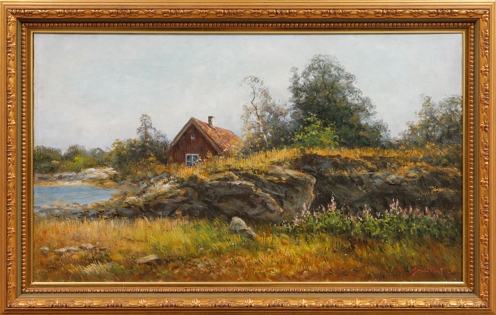 Stuga vid sjön, olja på duk, signerad.