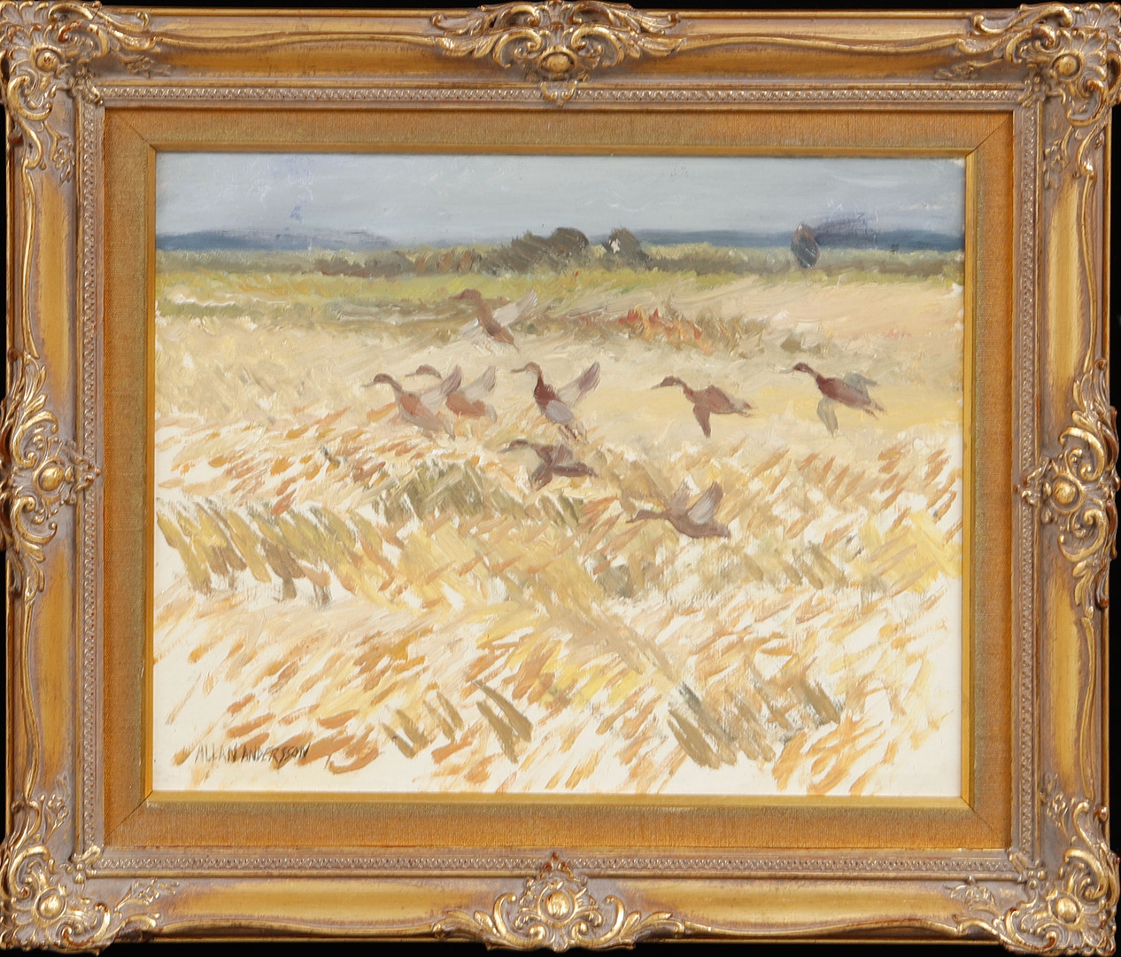 "Lyftande gräsänder, Mjörn", olja på pannå, signerad.