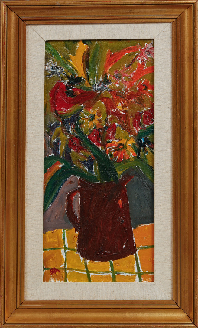 "Blommor i bringare", olja på pannå, signerad.