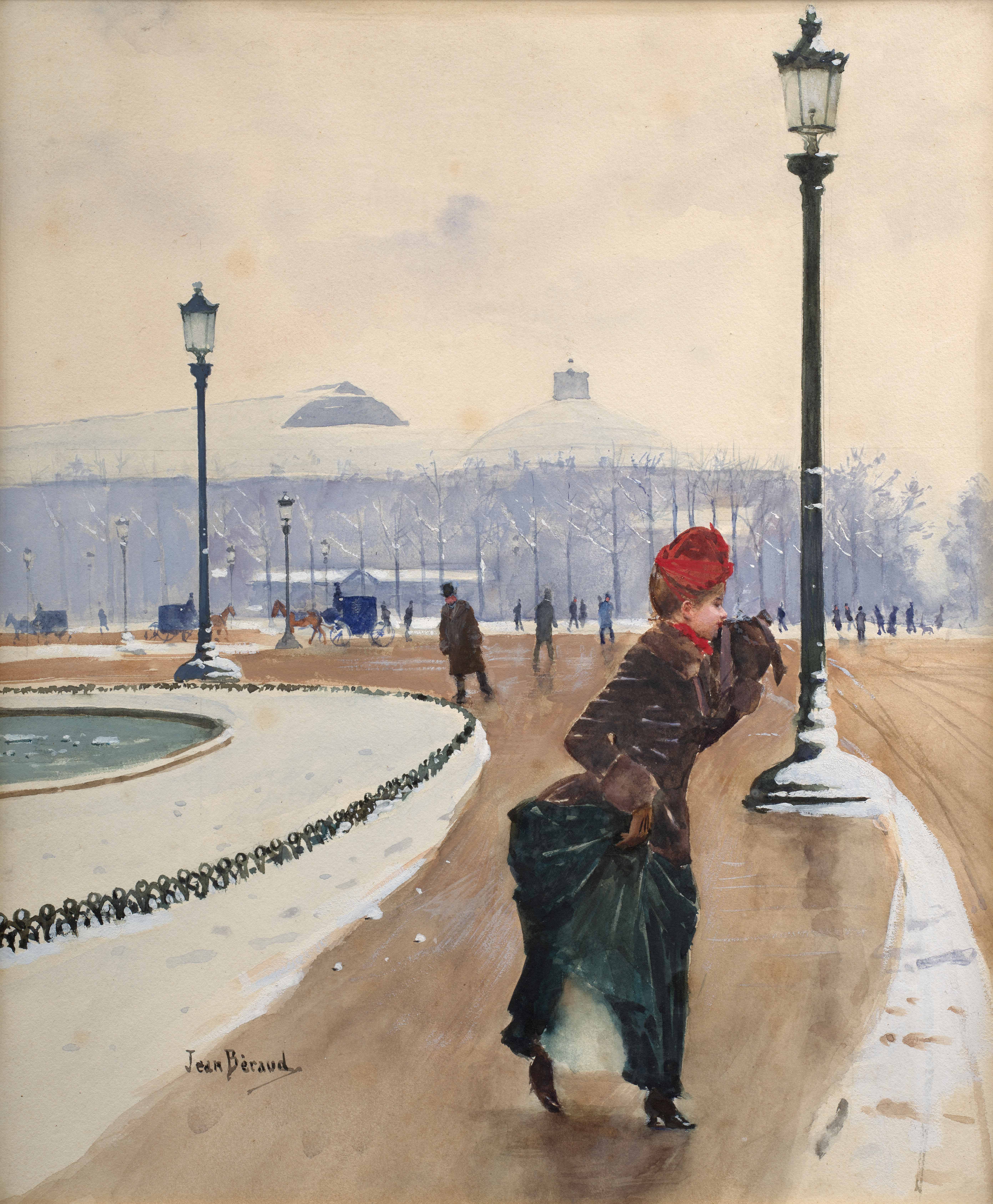 Élégante sur les Champs-Elysées par temps de neige