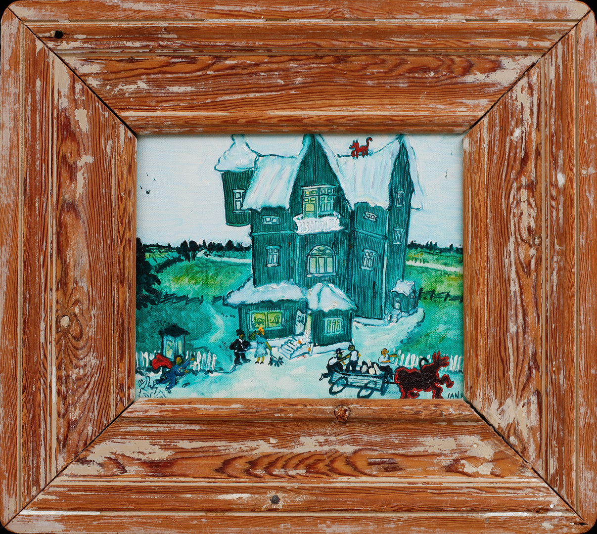 Grönt hus och figurer, olja på duk, signerad, daterad 1980 a tergo.