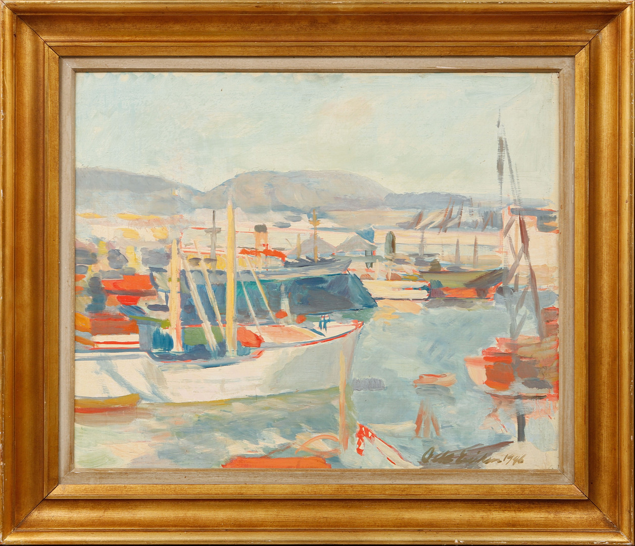 "Göteborgs hamn", olja på pannå, signerad och daterad 1946.