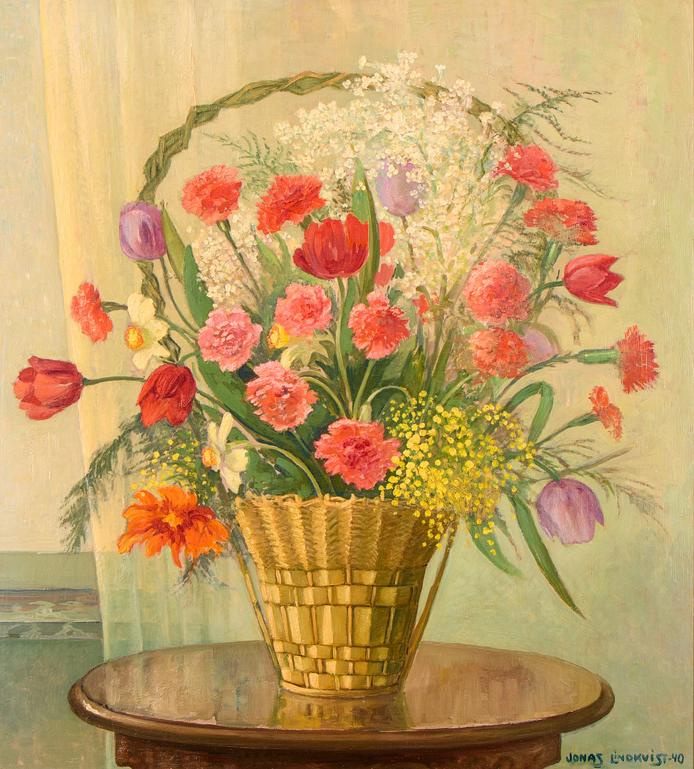 Blomsterstilleben i korg.