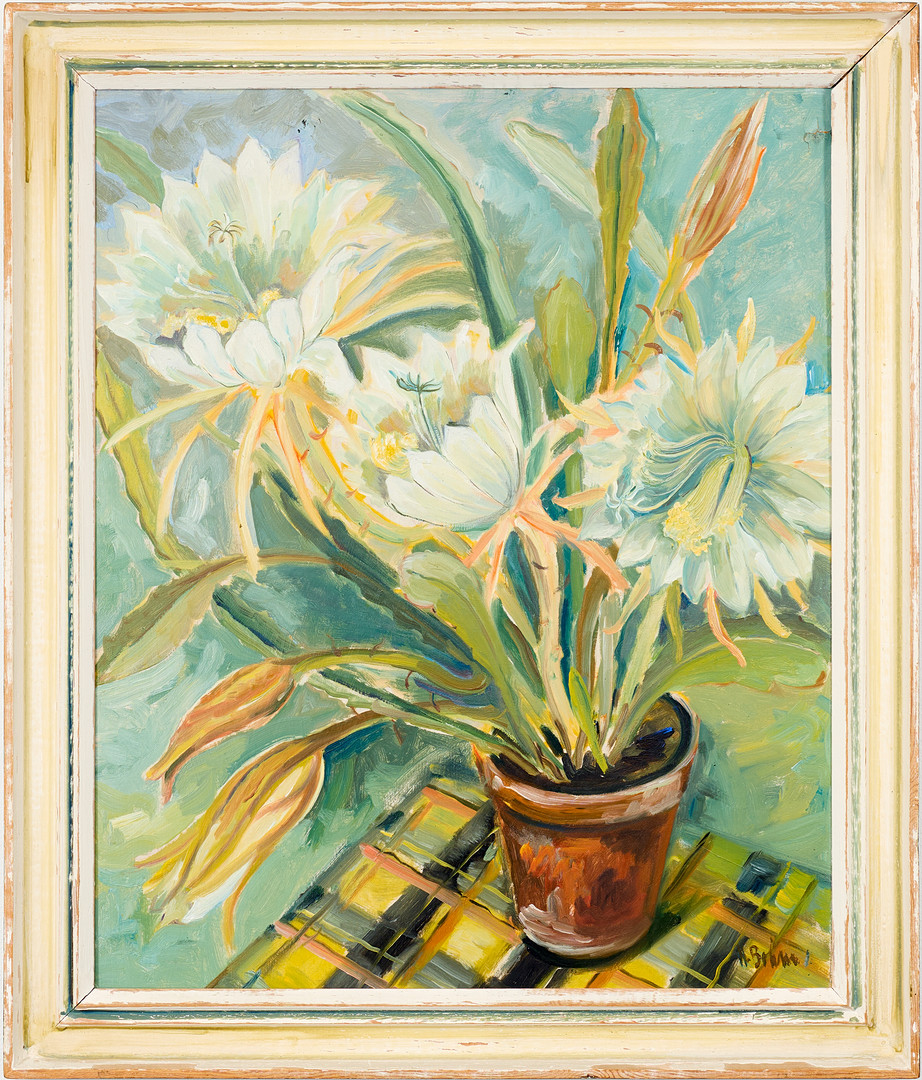 "Blommande kaktus", olja på pannå.