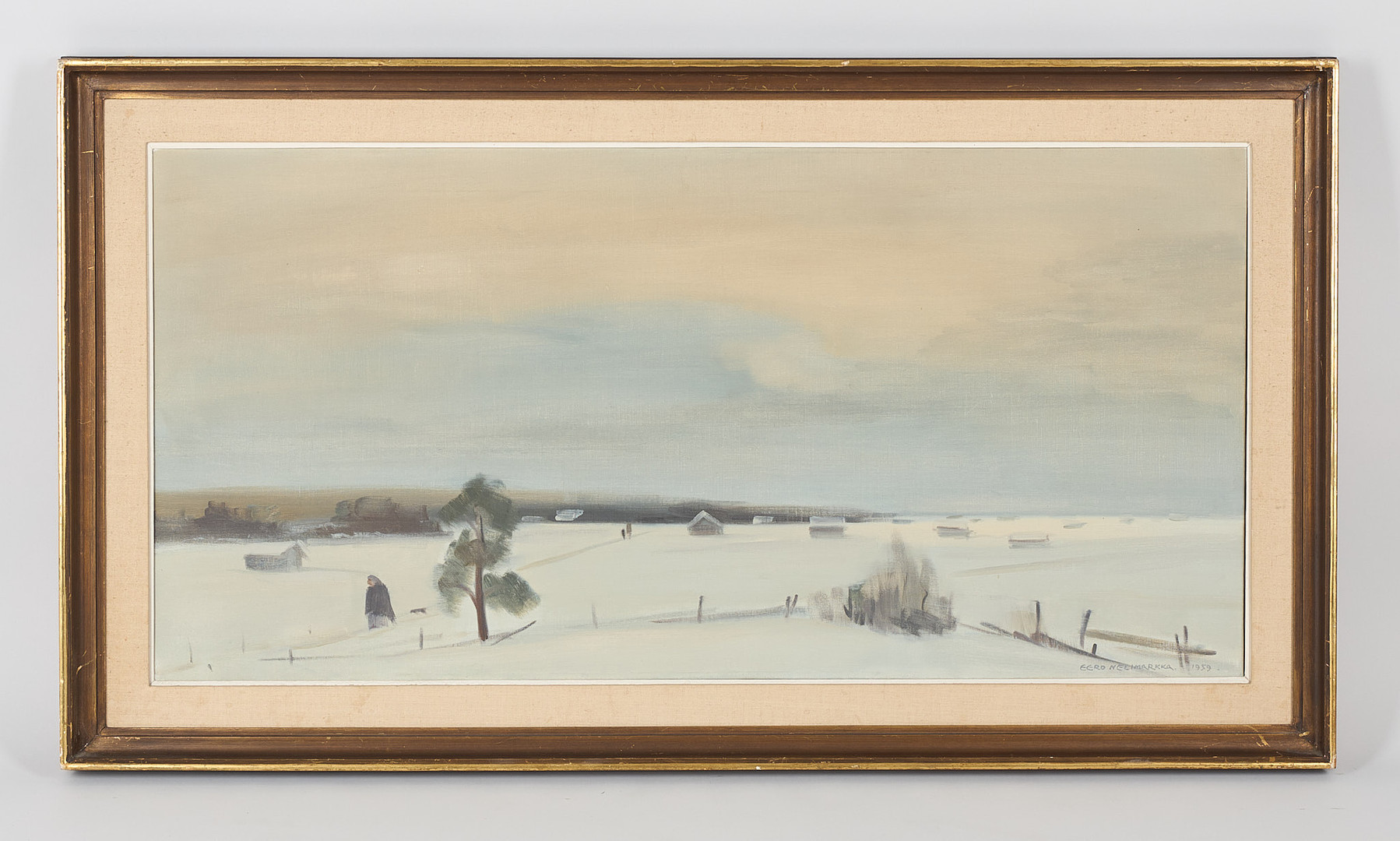 Gumma i snölandskap, signerad samt daterad 1959, olja på duk.