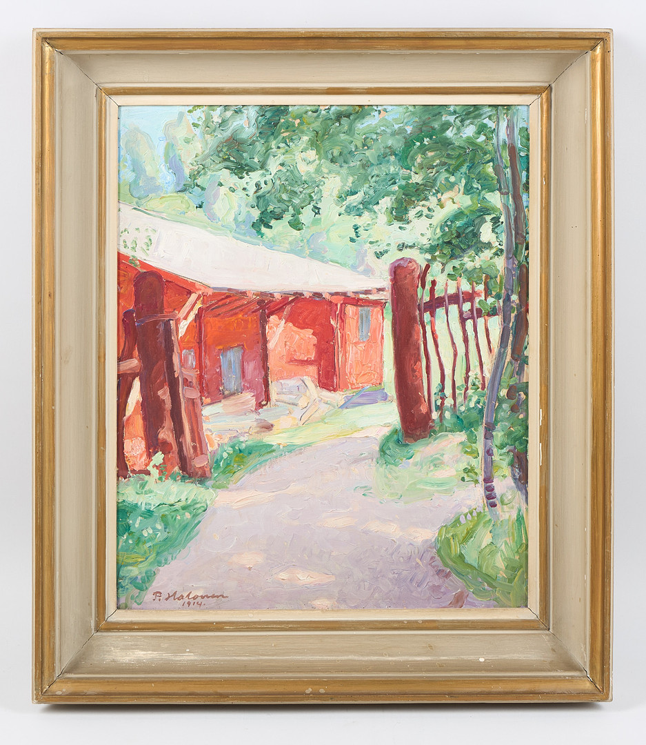 Stuga i soligt sommarlandskap, signerad samt daterad 1914, olja på pannå.