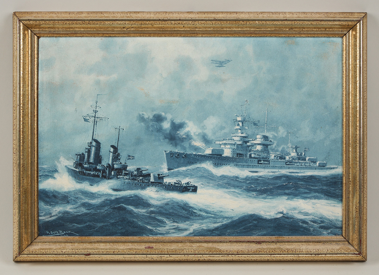 Pansarskeppet "Deutschland", signerad samt daterad 1940, gouache.