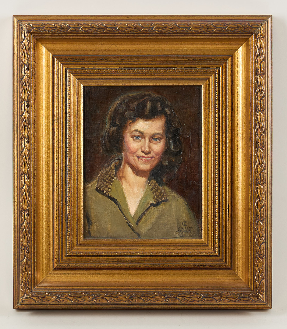 "Leende", porträtt av Mrs. Jarvin (f.d. Järvinen), signerad samt daterad Chicago MCMXXVI, olja på duk, uppfodrad på pannå.