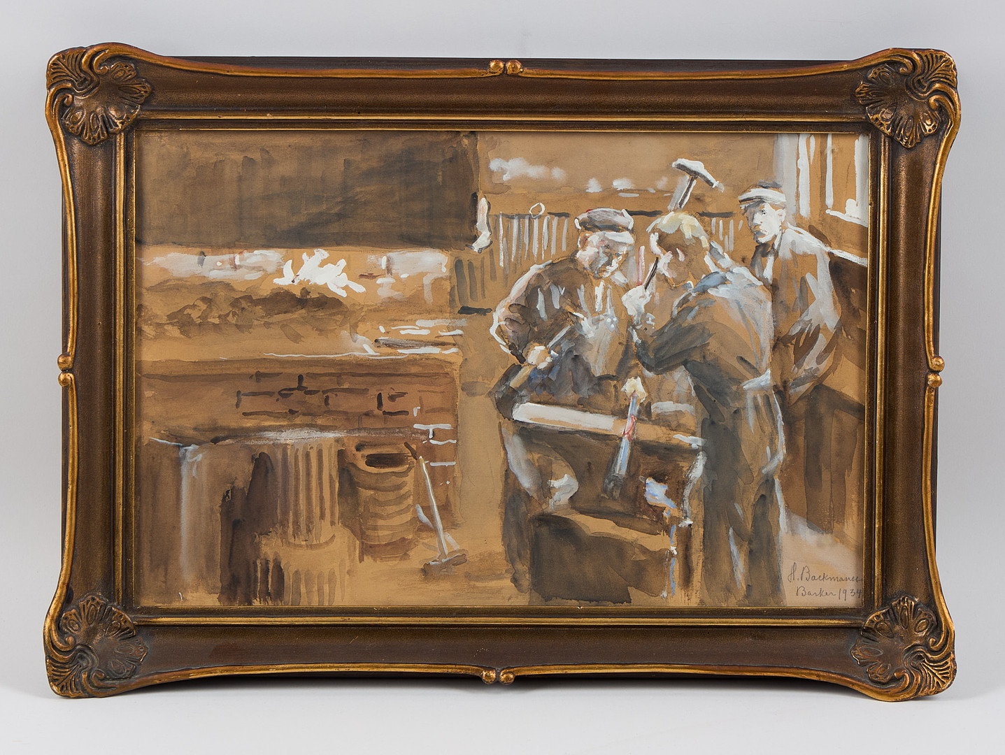 I smedjan, signerad Baskien samt daterad 1934, blandteknik med akvarell och gouache.