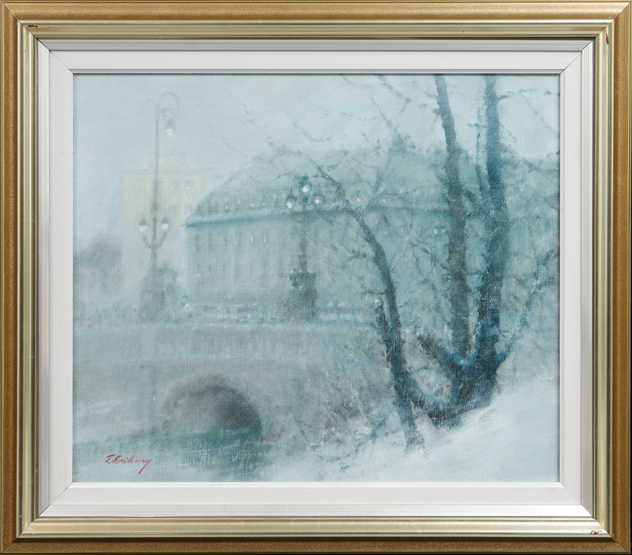 "Snö i luften, Kungsportsbron", olja på pannå, signerad.