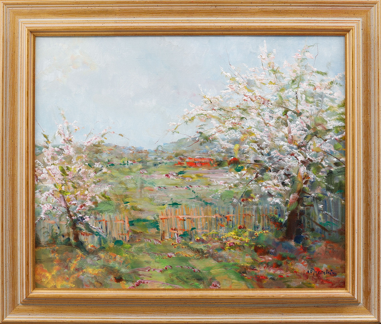 Landskap med blommande träd, olja på duk, signerad.