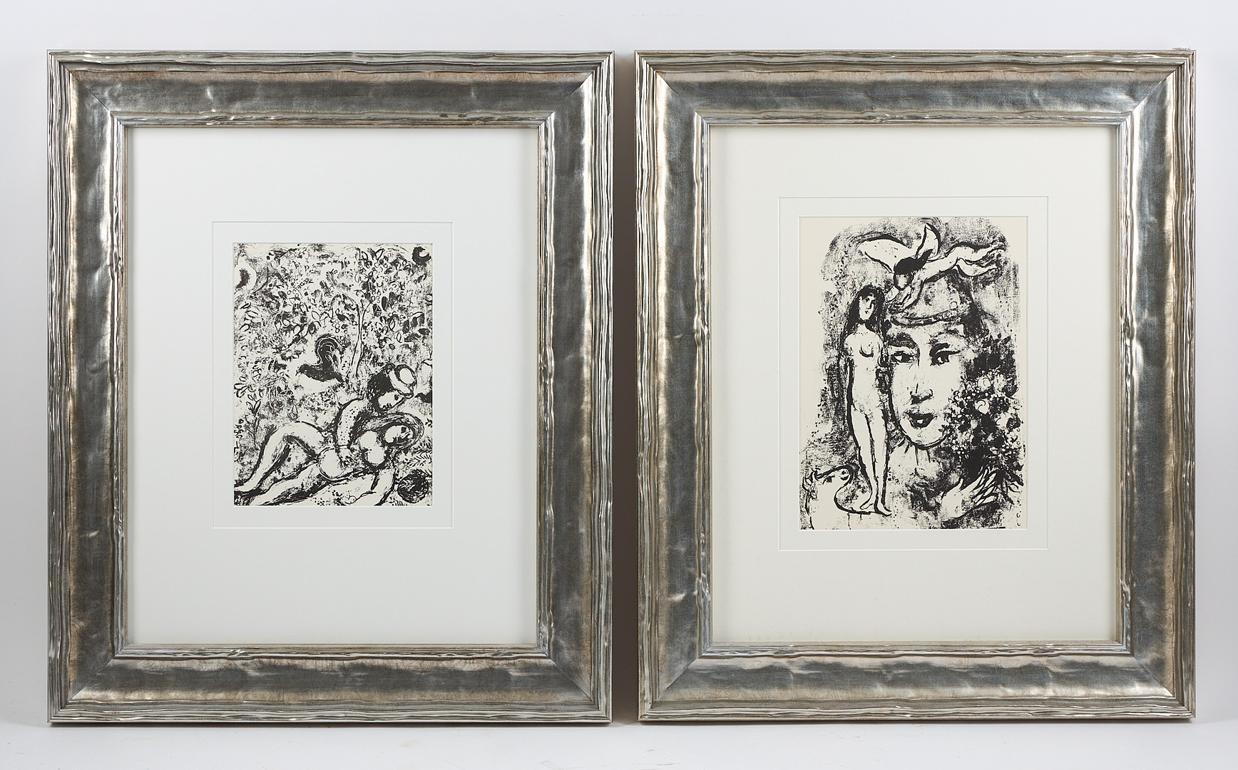 LITOGRAFIER, 2 st, "Le Couple a l'Arbre" & ur Chagall Lithographe II 1963, "Le clown blanc", ur Derrlère le Miroir nr 147 1964.