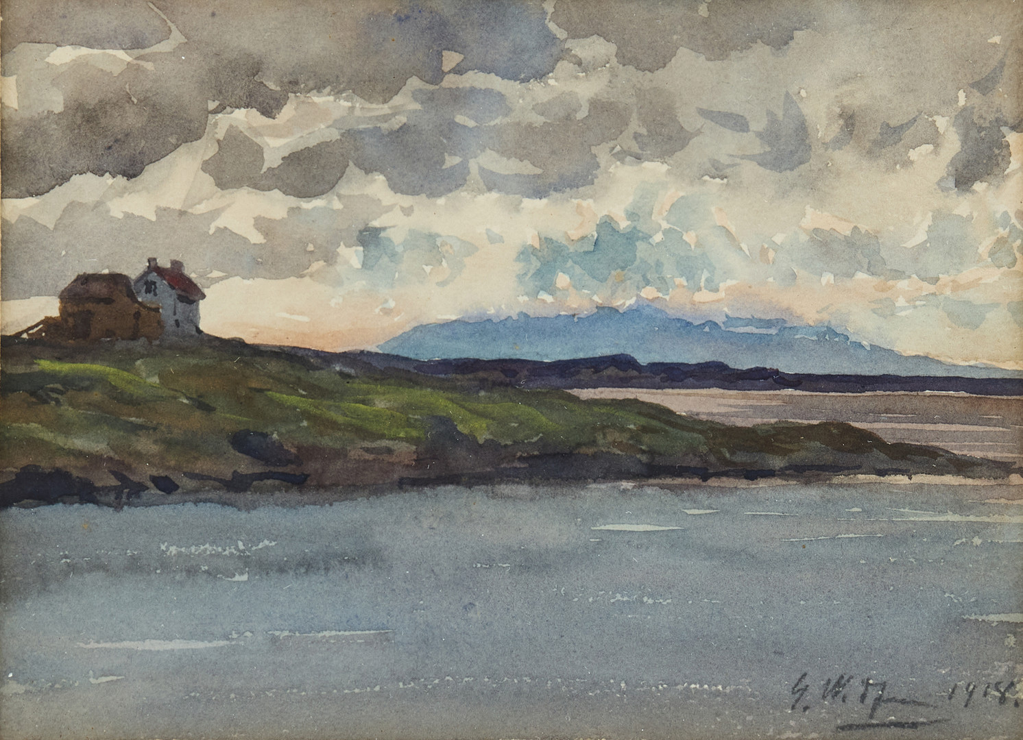 Landskap med moln och hus.