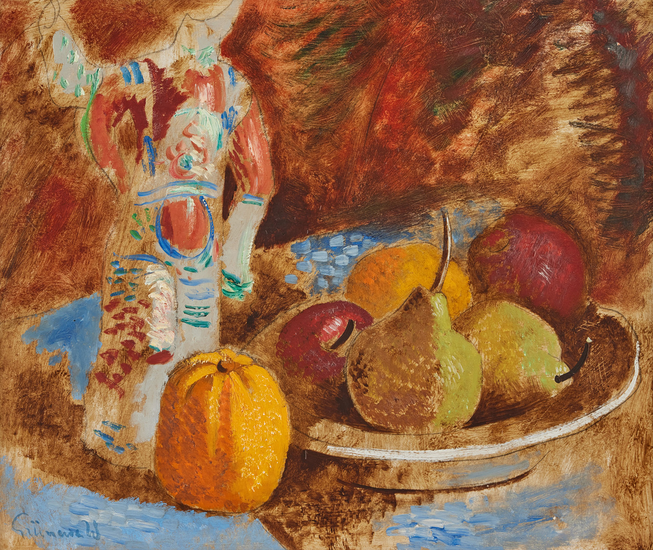 Still life with fruit bowl and figurine.