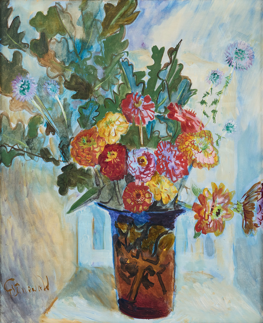 Still life with zinnias and oak leaves.