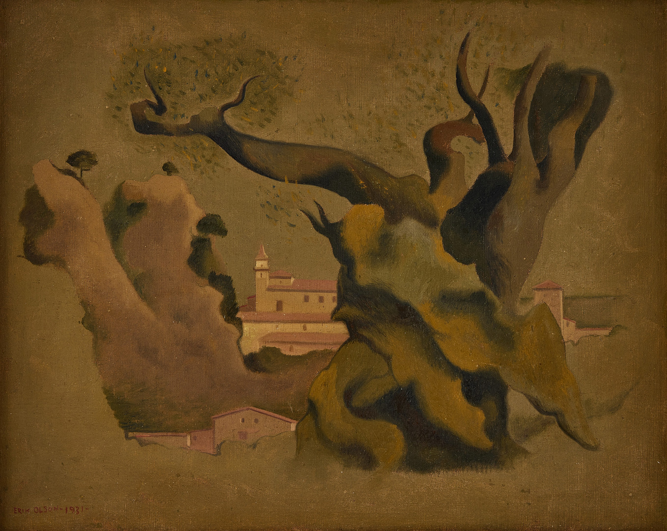 Surrealist composition against a background of buildings.