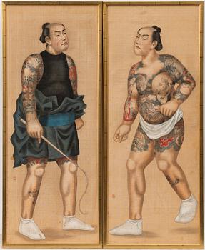 Unidentified Artist, a pair of Japanese paintings featuring tattooed wrestlers, around 1900.
