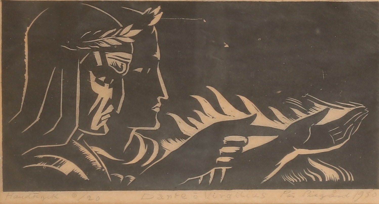 träsnitt, "Dante & Virgilius", signerad, daterad 1930.