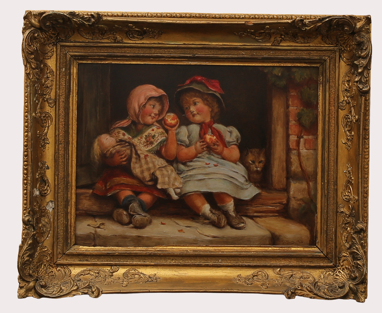 Olja på pannå, fruktpaus på trappan, signerad, daterad 1886.