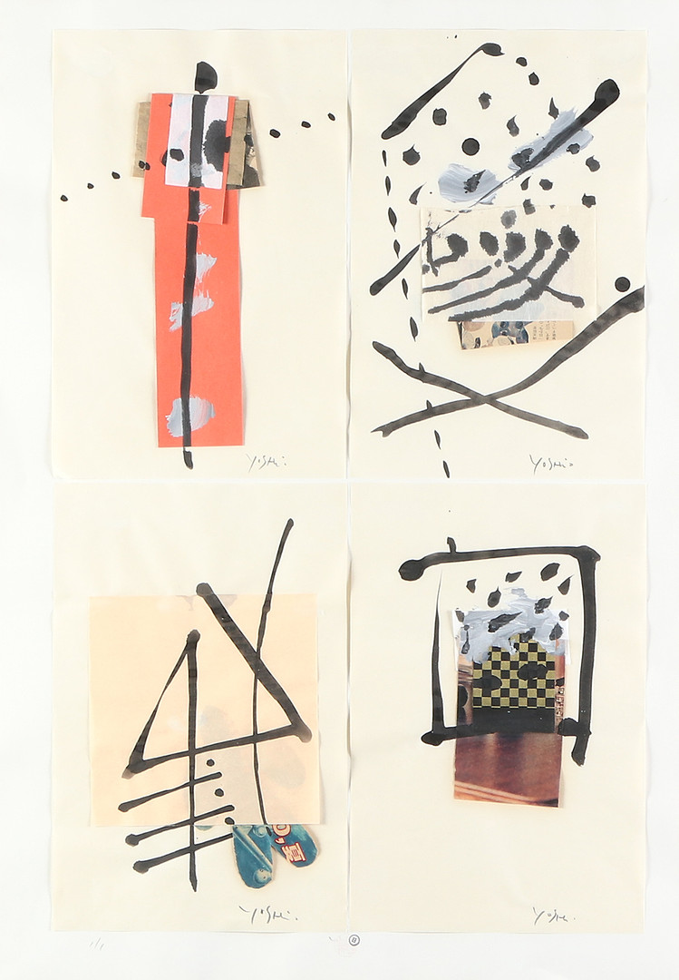 Blandtekniker/collage, fyra st, samramade. Kompositioner. Signerade.