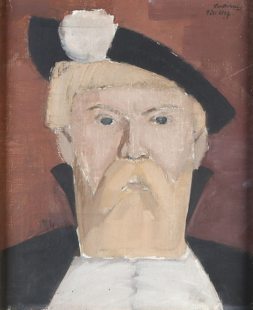 Oljemålning på duk. Porträtt av Gustav Vasa. Signerad samt dedikerad "Till Ulf".