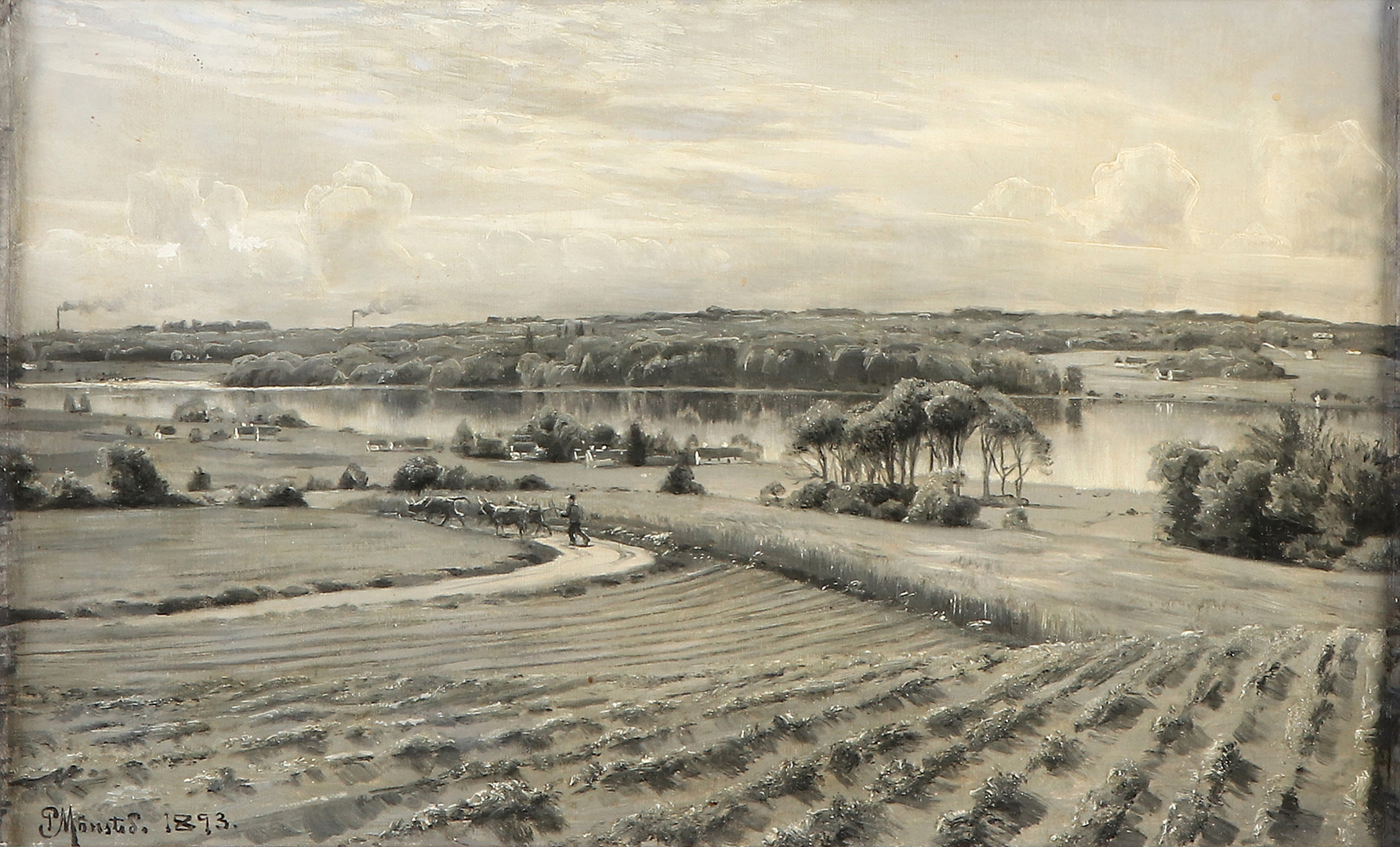 Oljemålning på duk, utförd i grisaille. Signerad och daterad 1893. A tergo betitlad "Lyngby Sö".