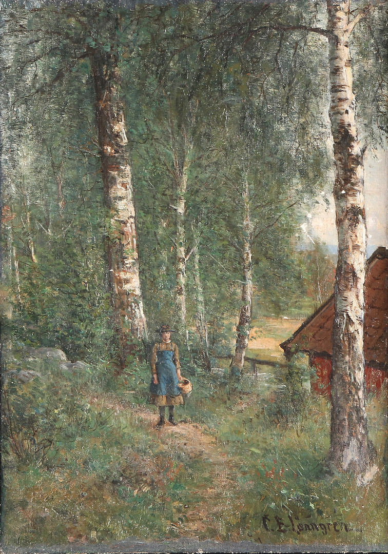 Oljemålning på duk, uppfodrad på pannå. Kvinna i skog. Signerad.
