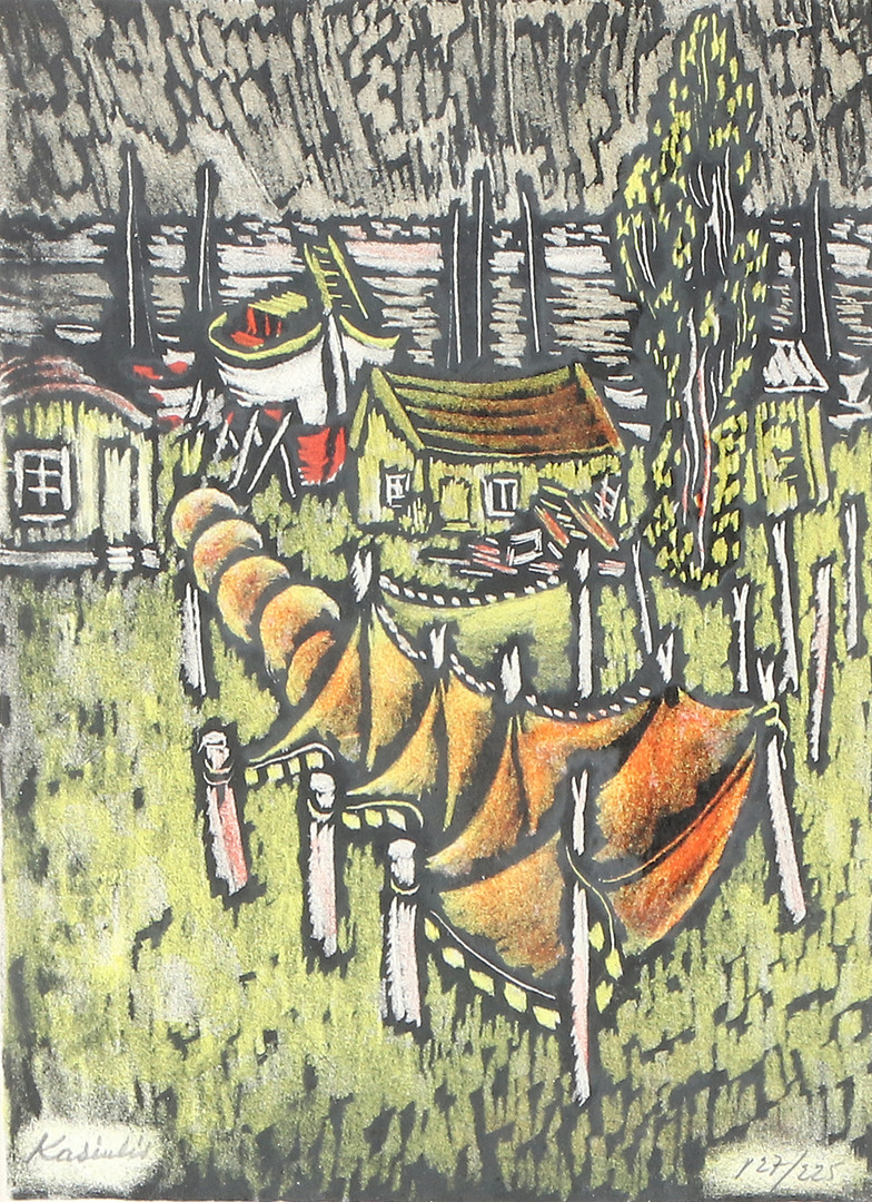 Litografi, 127/225. Fiskenät på tork. Signerad.
