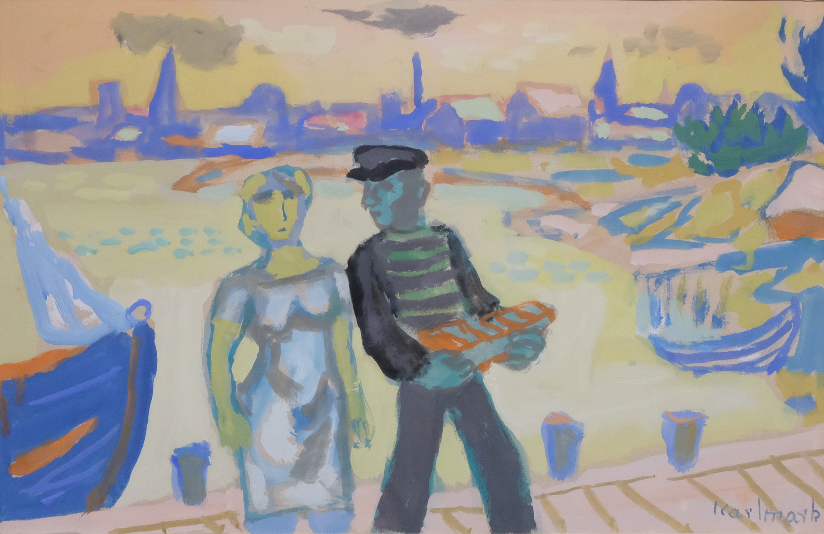ETT PAR I HAMNEN, GOUACHE.