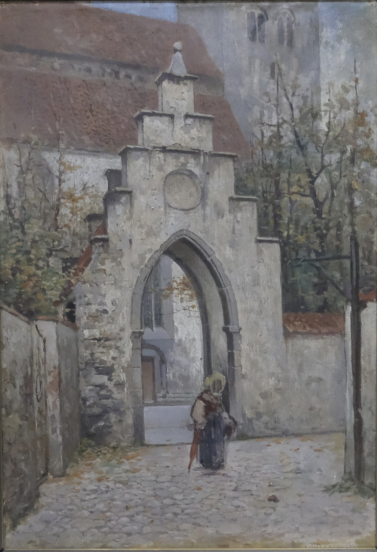 VISBY SANKTA MARIA DOMKYRKA SAMT FIGUR, OLJA PÅ DUK.