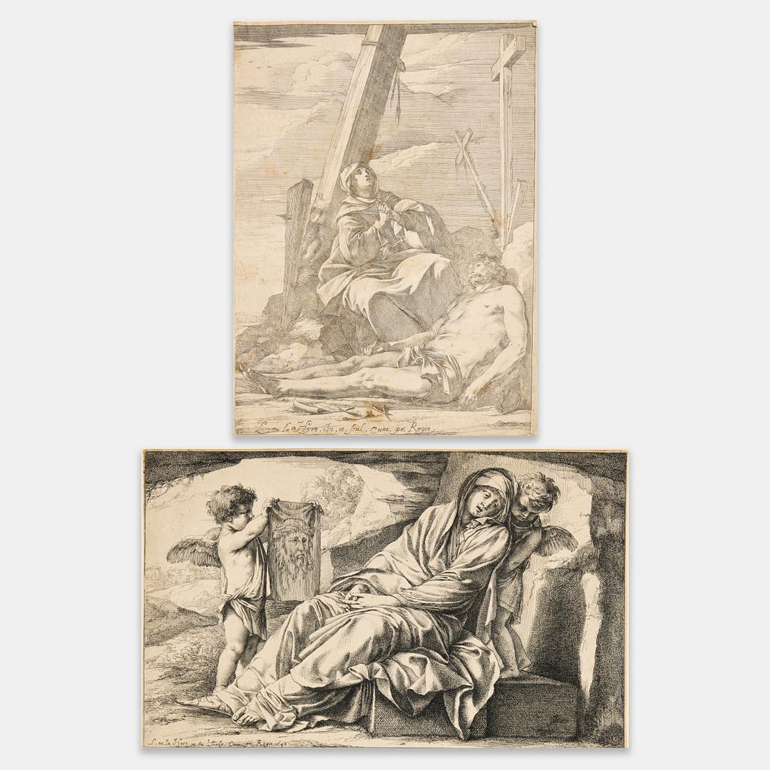Two etchings. "Christ and the Virgin at the Foot of the Cross" and "Our Lady of Sorrows (Posuit me Desolatum)".