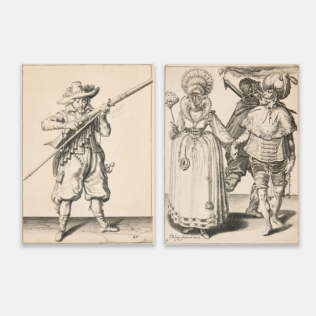 Two engravings. "A Soldier with a Musket", from "Wapenhandelinghe van Roers Musquetten Ende Spiessen (The Exercise of Arms)" and "The Masquerades (Plate 6)".