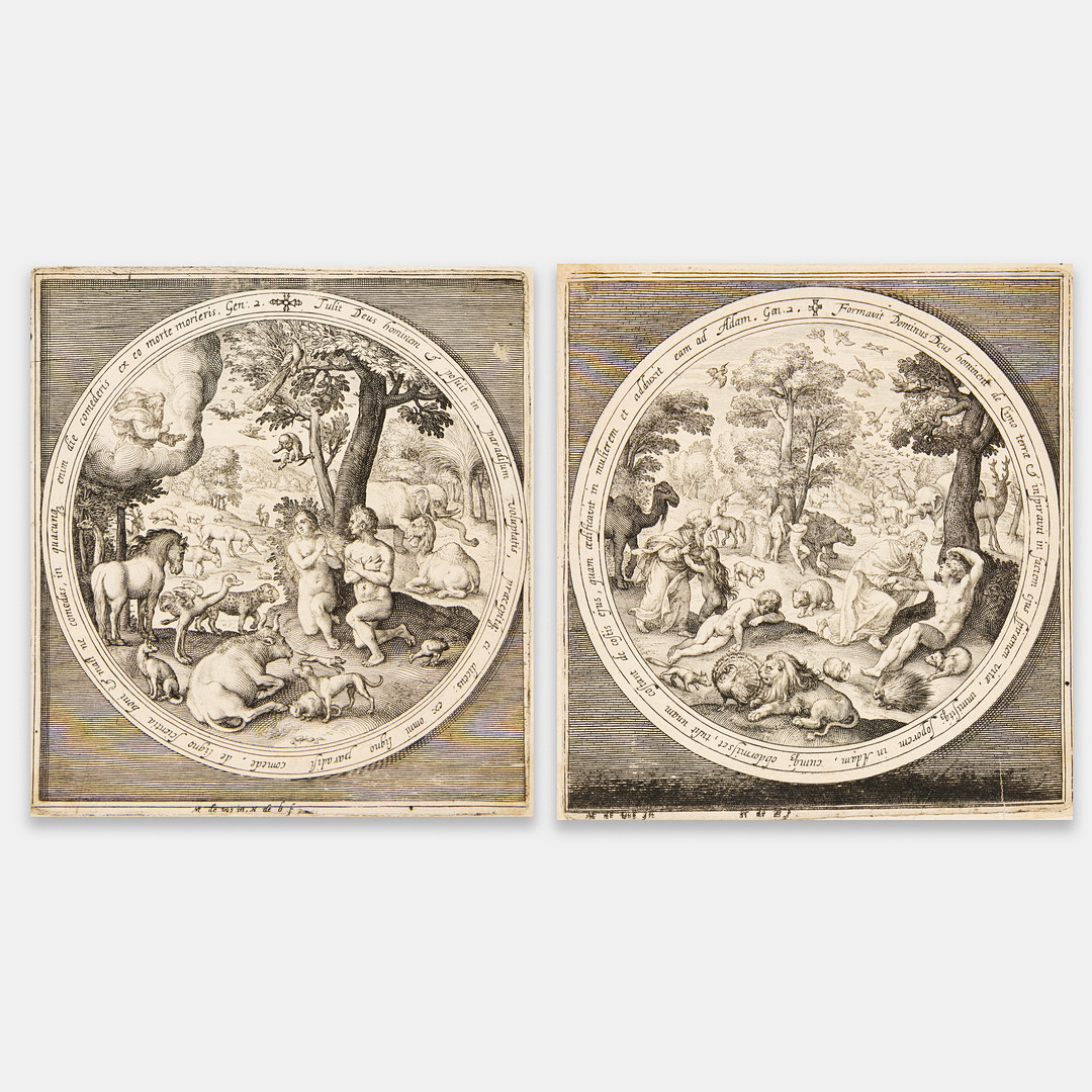 AFTER MAERTEN DE VOS (THE NETHERLANDS 1532-1603). "The Sixth Day: The Creation of the Animals, Adam and Eve" and "The Seventh Day: Adam and Eve in Paradise". Two engravings from "The Creation to the Expulsion from Paradise".