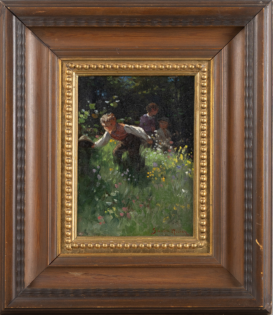 Barn i blomsteräng, olja på pannå.