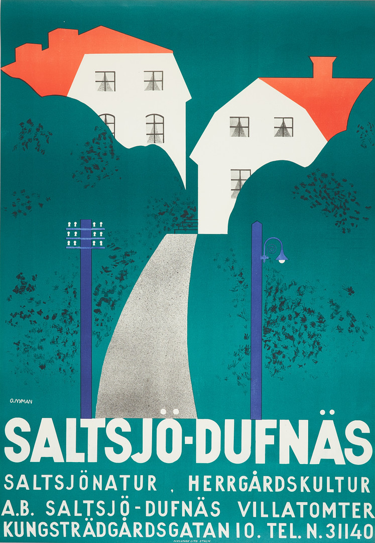 "Saltsjö-Dufnäs", AB Saltsjö-Dufnäs Villa Tomter, litografi, 1930 tal.