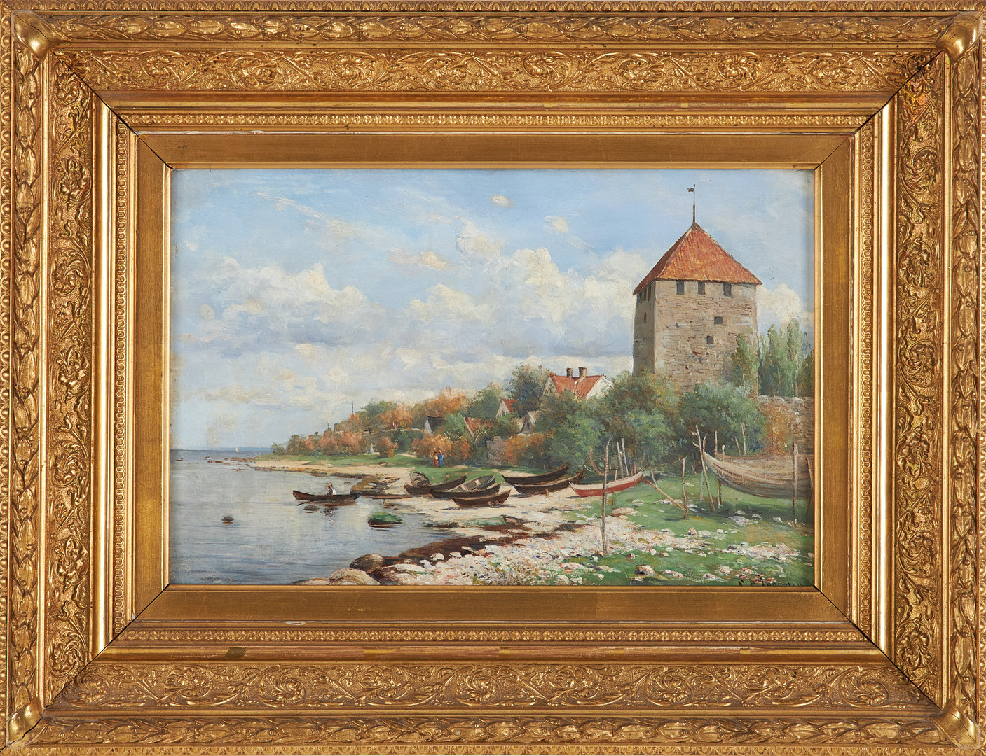 Strandparti med kruttornet Visby, olja på träpannå, signerad.