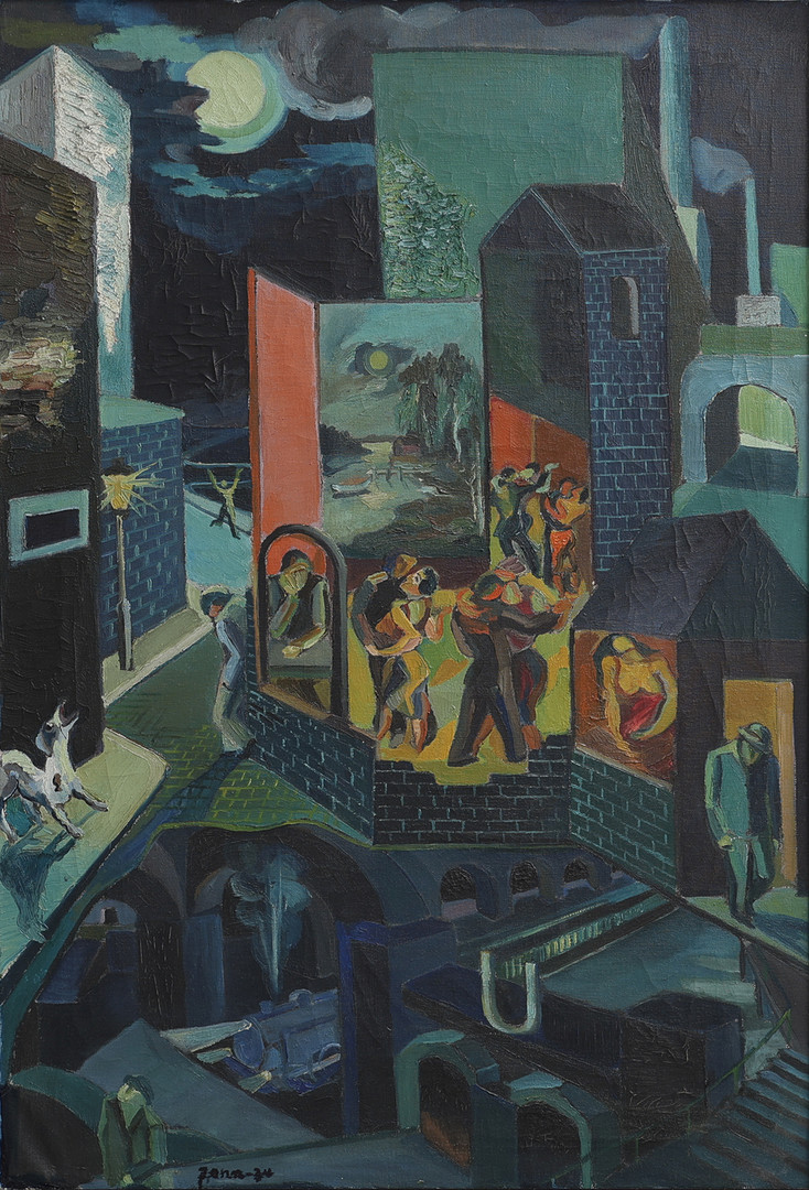 OLJA PÅ DUK, "GALEN HUND SKÄLLER PÅ MÅNEN", SIGNERAD OCH DATERAD 1934.