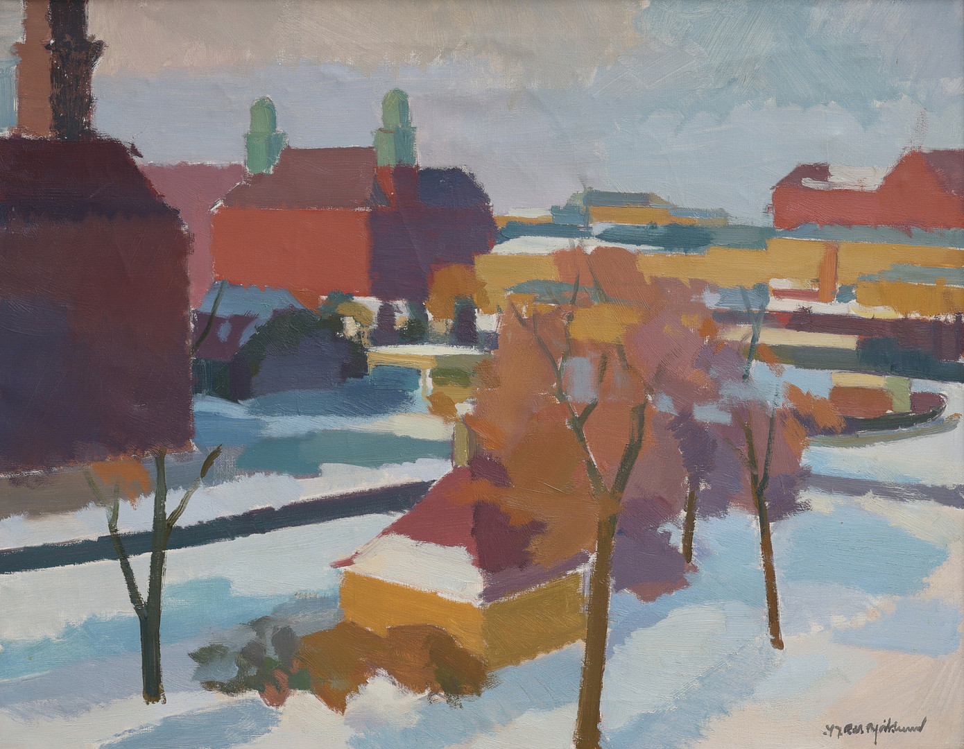 MALMÖMOTIV MED DET AV FERDINAND BOBERG RITADE POSTHUSET I FONDEN, 1947.