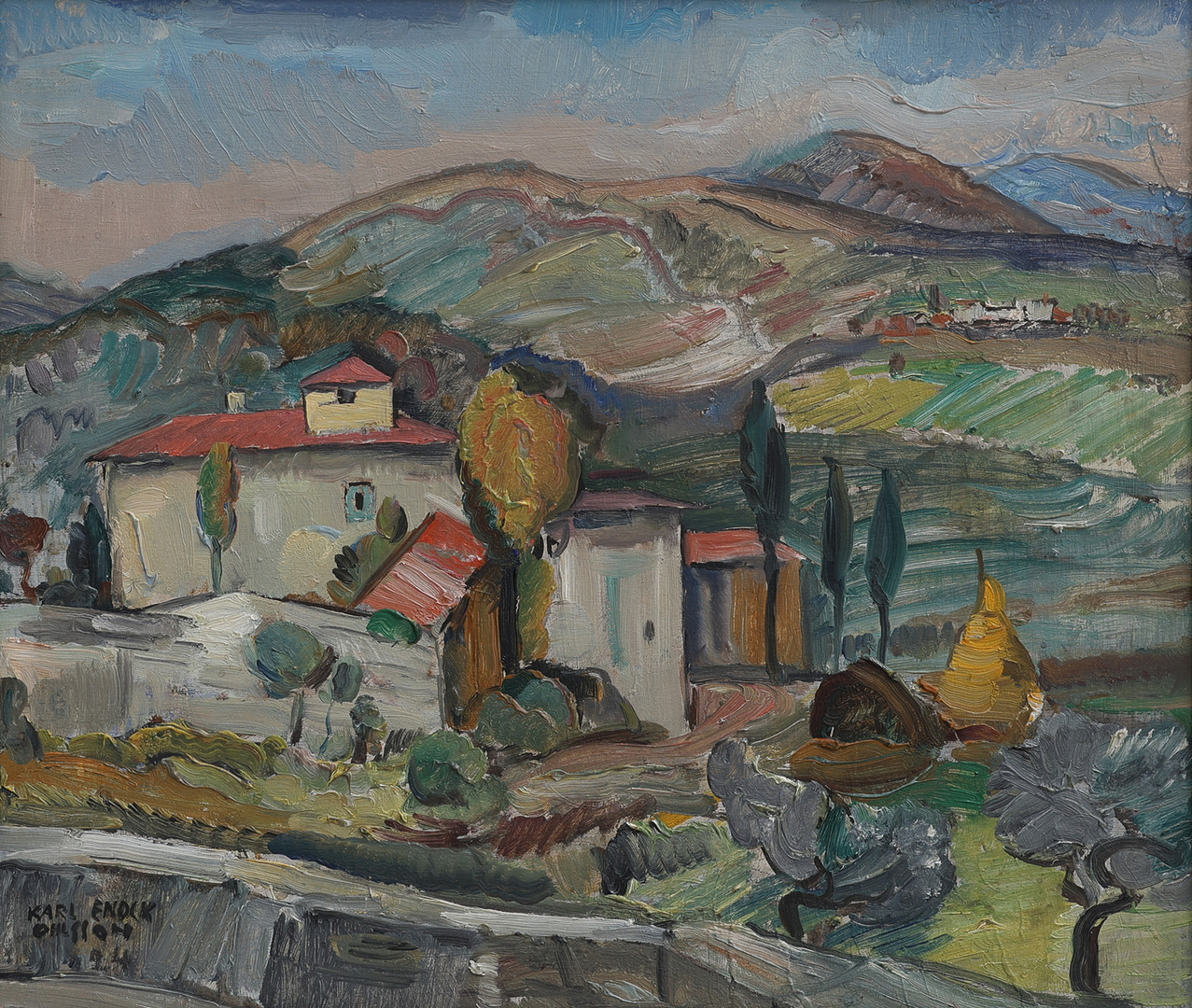 "FIESOLE", OLJA PÅ PANNÅ, SIGNERAD OCH DATERAD 1924.