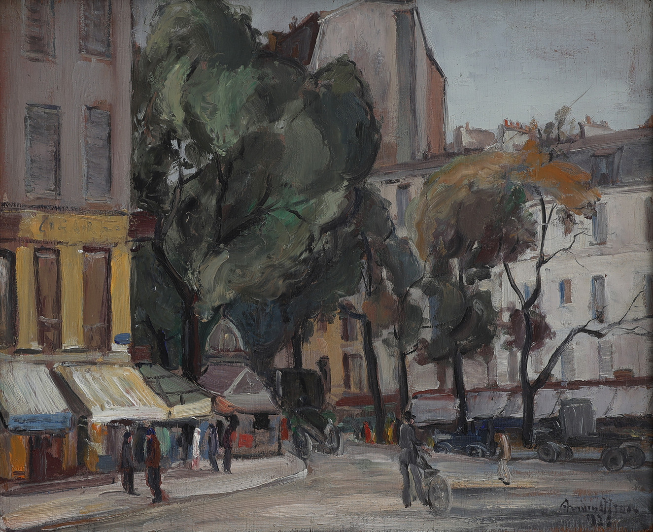 "GATA I PARIS", OLJA PÅ PANNÅ, SIGNERAD OCH DATERAD 1928.