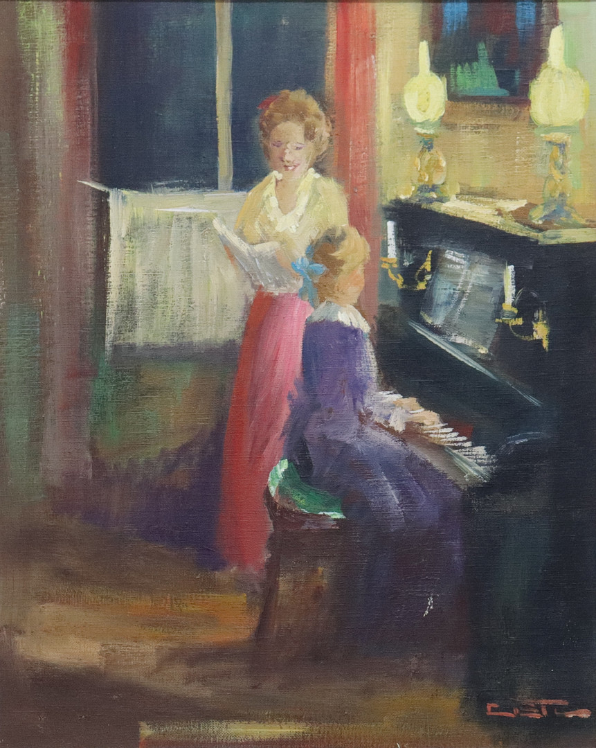 olja på duk, damer vid piano.