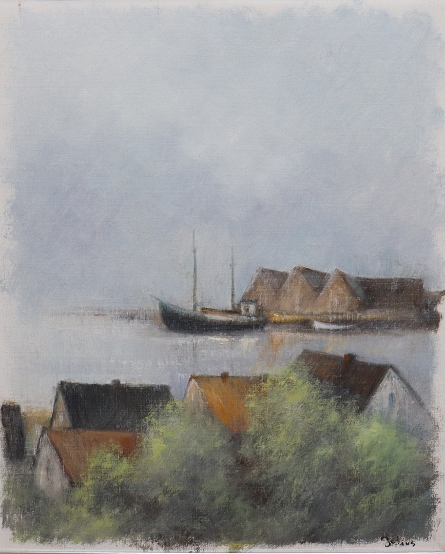 olja på duk, fiskehamn.