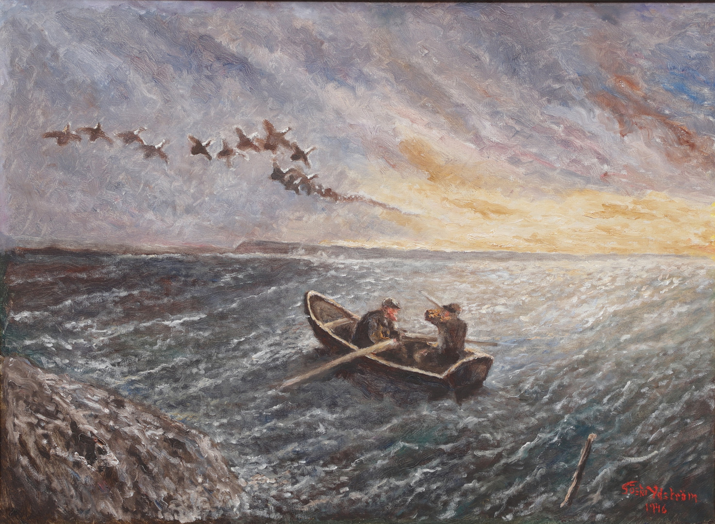 Fågeljakt till havs, olja på duk, signerad, daterad 1946.