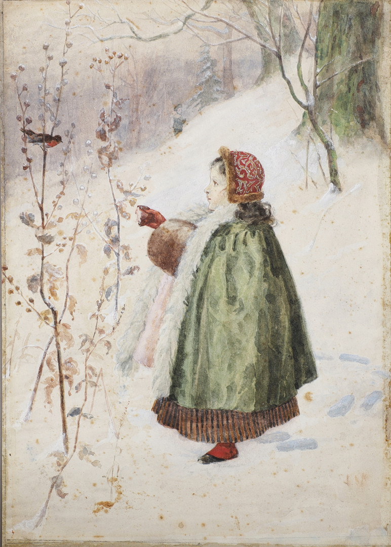 Flicka med domherre, akvarell, signerad.